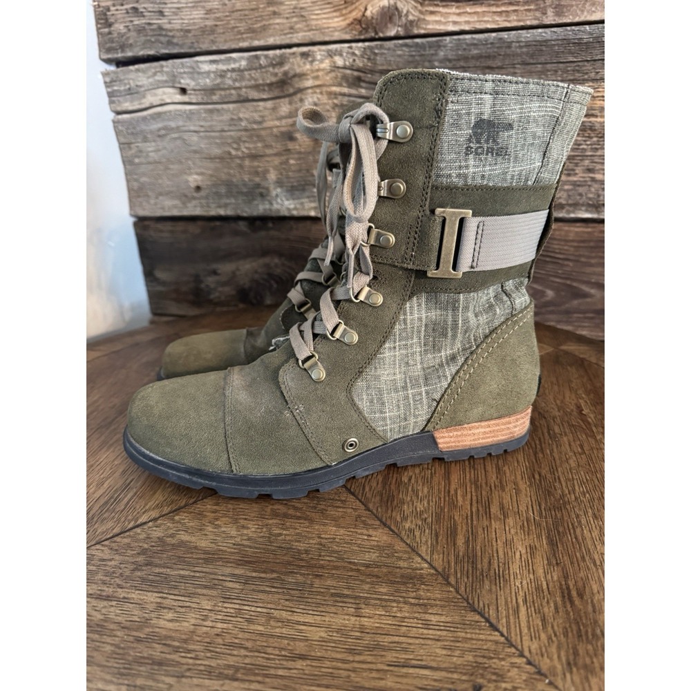 Sorel Major Carly Olive Combat Canvas‎ Suede Zip Up Boots NL 2158-383 Womens 10
